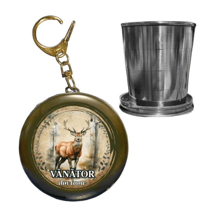 Pahar pliabil din otel inoxidabil, 70 ml, cu capac tip breloc – „Cel mai bun vanator din lume”, cerb