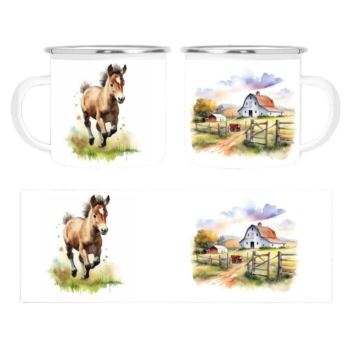 Cana personalizata, alba, emailata, cu ilustratie de cal si scena la ferma, 350 ml