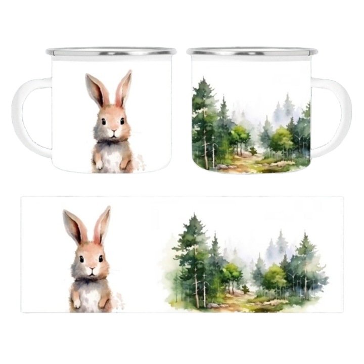 Cana personalizata, alba, emailata, cu ilustratie de iepure si padure, 350 ml
