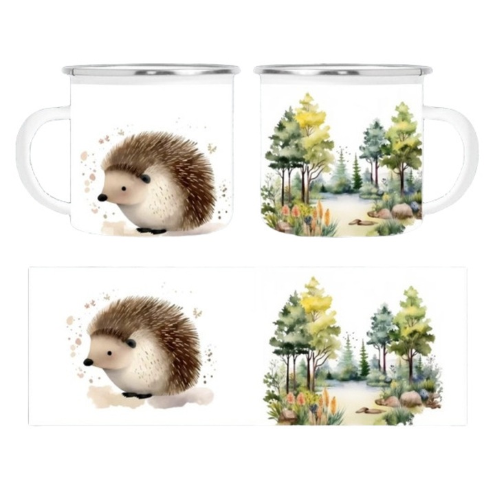 Cana personalizata, alba, emailata, cu ilustratie de arici si padure, 350 ml