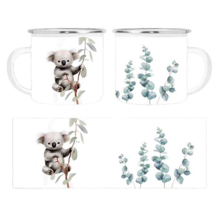 Cana personalizata, alba, emailata, cu ilustratie de pui de koala si ramuri de eucalipt, 350 ml