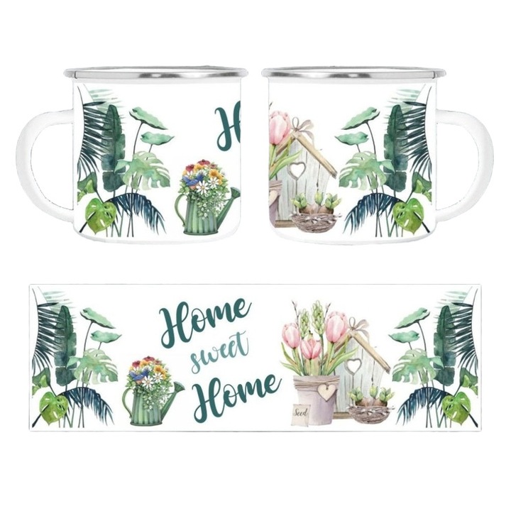 Cana personalizata, alba, emailata, cu dedicatie „Home Sweet Home”, cu ilustratii botanice si de gradinarit, 350 m