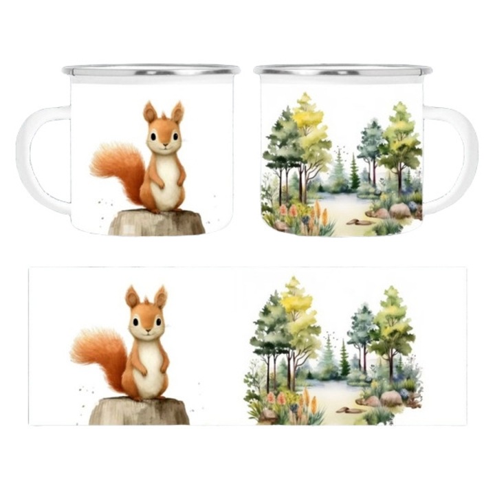 Cana personalizata, alba, emailata, cu ilustratie de veverita si padure, 350 ml