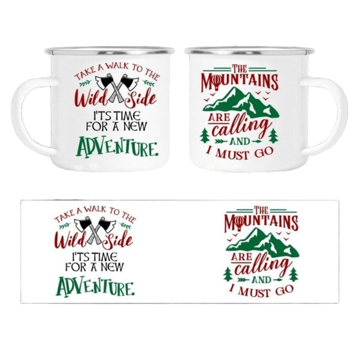 Cana personalizata, alba, emailata, cu dedicatie „Take a Walk to the Wild Side – The Mountains Are Calling”, 350 ml
