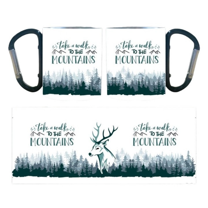 Cana alba din inox, cu carabiniera, cu dedicatie „Take a Walk to the Mountains” – design cu munte si cerb, 220 ml