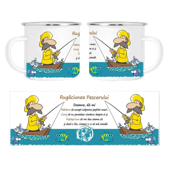 Cana personalizata, alba, emailata, cu dedicatie „Rugaciunea Pescarului”, 350 ml