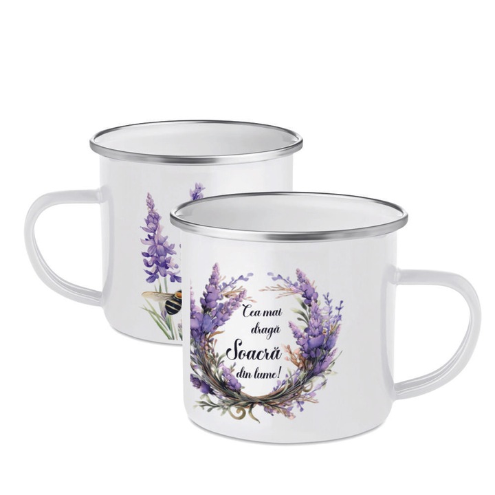 Cana personalizata, alba, emailata, cu dedicatie „Soacra”, tematica lavanda, 350 ml