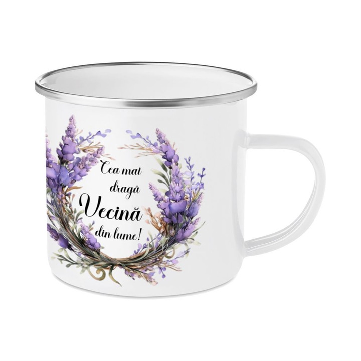 Cana personalizata, alba, emailata, cu dedicatie „Vecina”, tematica lavanda, 350 ml
