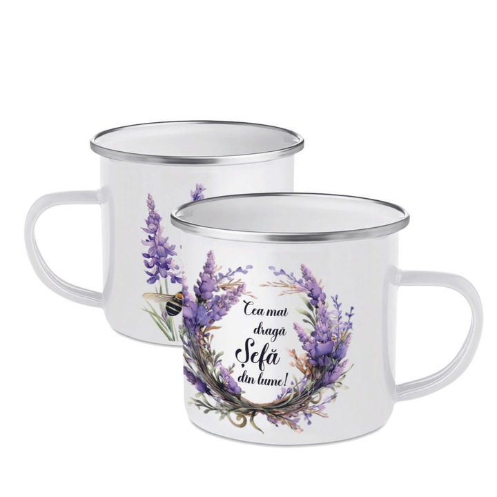 Cana personalizata, alba, emailata, cu dedicatie „Sefa”, tematica lavanda, 350 ml