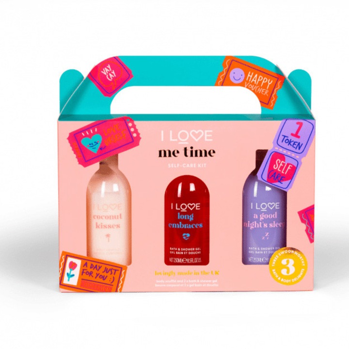 I LOVE Me Time szett, tusfürdő, 250 ml + testápoló, 250 ml + habfürdő, 250 ml