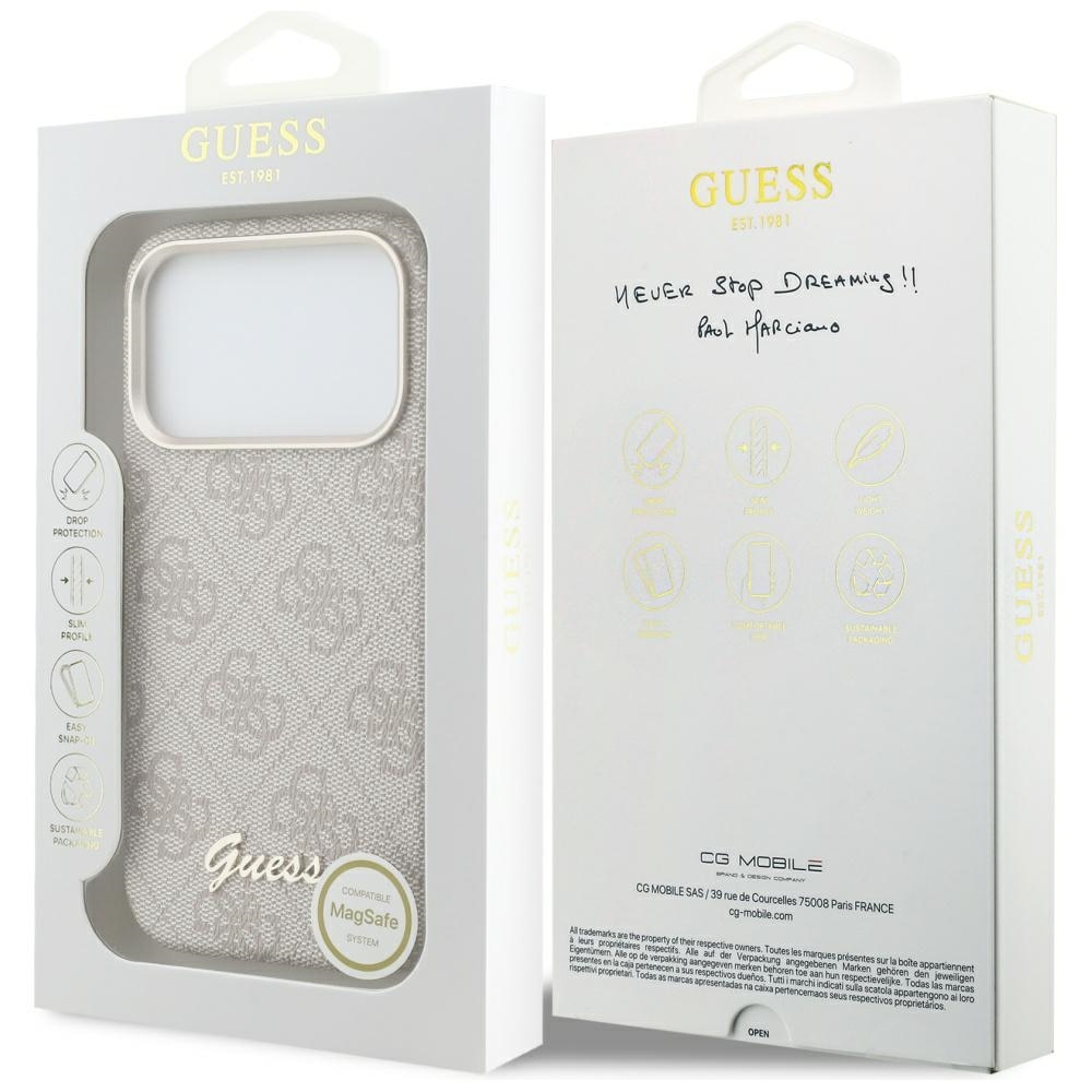 Husă Guess 4G Script MagSafe, roz, pentru iPhone 17 Pro, material TPU/PC