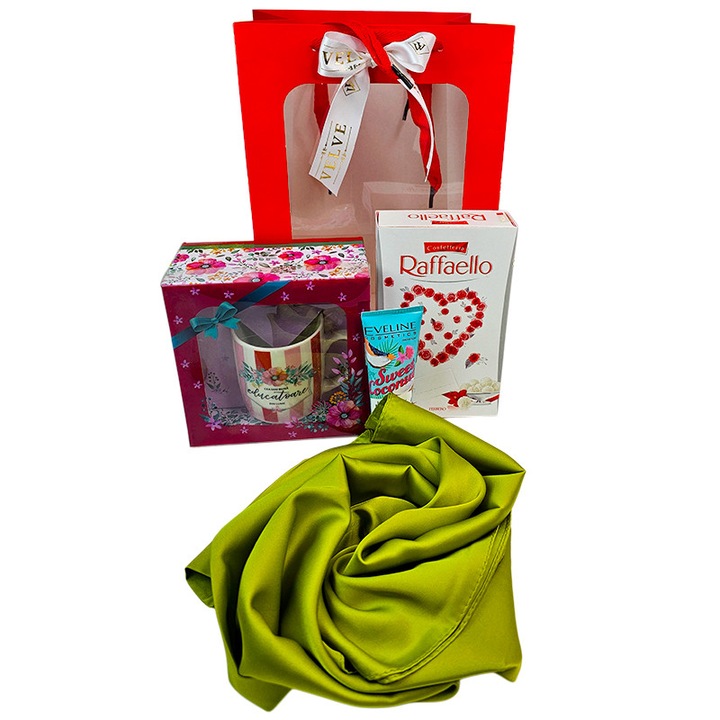 Set cadou "Cea mai buna educatoare din lume", esarfa eleganta, cana personalizata, praline Raffaello si crema de maini Eveline