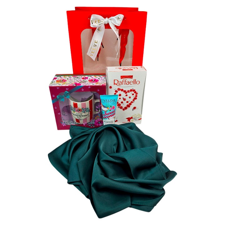 Set cadou „Cea mai buna invatatoare din lume”, esarfa eleganta, cana personalizata, praline Raffaello si crema de maini Eveline