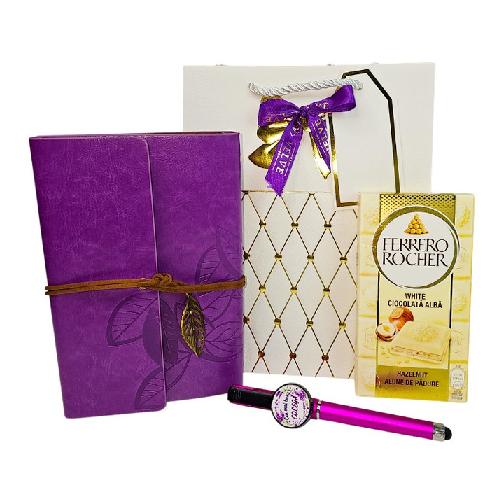 Set cadou elegant "Cea mai buna Sefa" cu jurnal vintage, pix touchscreen si ciocolata, in punga cadou