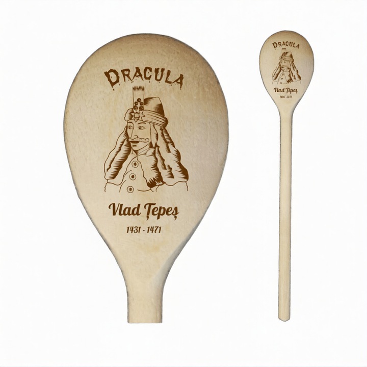 Lingura din lemn gravata „Dracula” - Vlad Tepes – 30 cm – Cadou suvenir artizanal