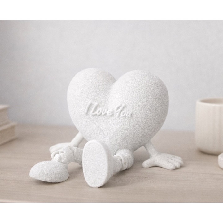 Cadou inimioara personalizata cu picioare flexibile "I love you" cadou pentru indragostiti Valentine's Day, Dragobete, cadou cuplu, 1 sau 8 Martie, printat 3D, aspect alb fuzzy