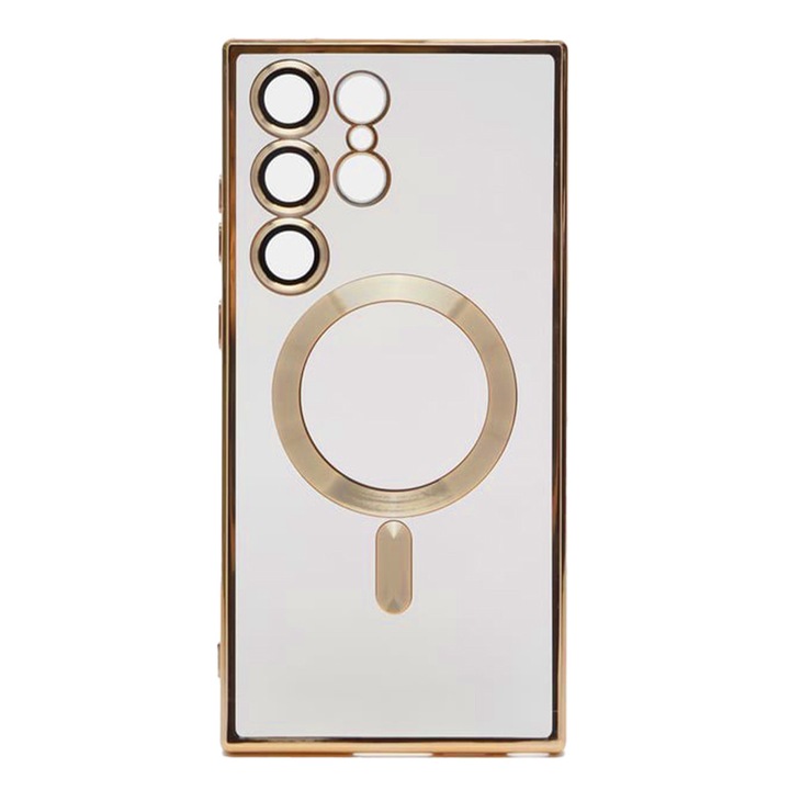 Husa tip MagSafe compatibila cu Samsung Galaxy S26 Ultra, Snap-On Electroplate, Protectie camere, Margini electroplacate, Atasare magnetica, Bumper compatibil cu incarcarea wireless MagSafe, Auriu/Transparent