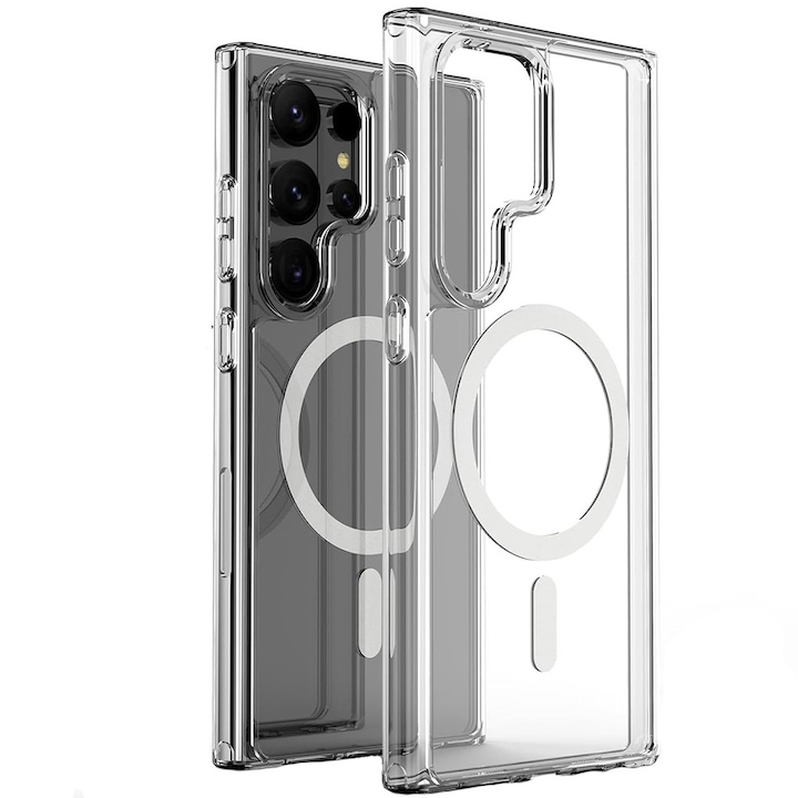 Калъф тип MagSafe съвместим със Samsung Galaxy S26 Ultra, Easy Snap-On, Защита на камерите, Повдигнати ръбове, Магнитно закрепване, Bumper съвместим с безжично зареждане MagSafe, Прозрачен