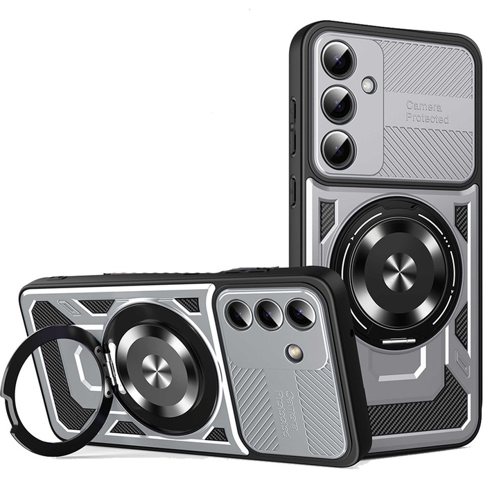 Калъф за Samsung Galaxy S26 Ultra, ShadowGrid Armor, MagSafe зареждане, Противоплъзгаща текстура, Многослойна структура, Повдигнати ръбове, Прецизни изрези, Магнитен пръстен, Защита на камерата, Вградена стойка, Противоударен, Сив