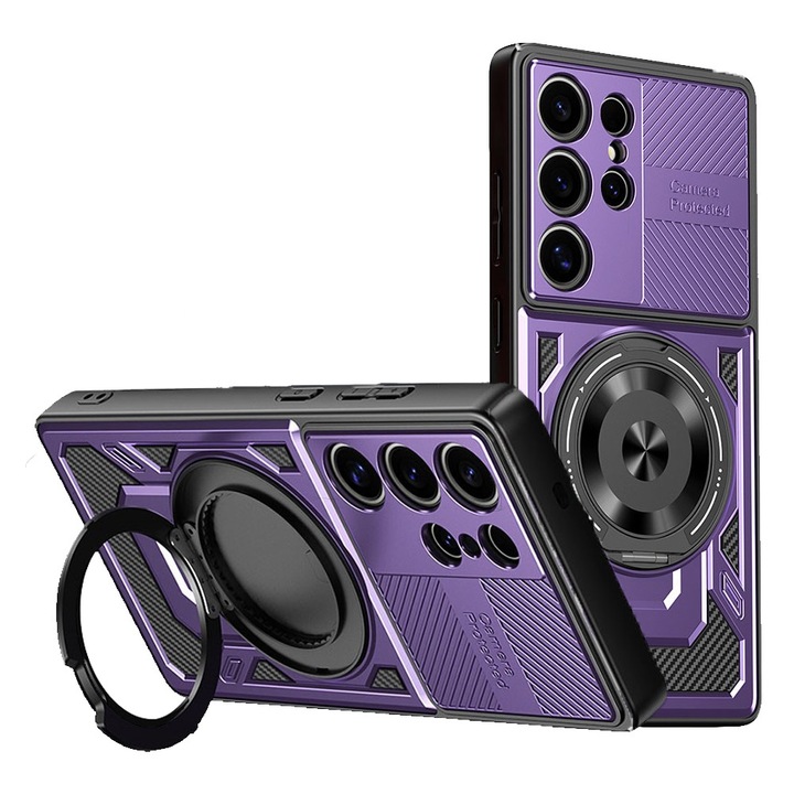 Samsung Galaxy S26 Ultra tok, ShadowGrid Armor, MagSafe töltés, Csúszásgátló textúra, Többrétegű szerkezet, Megemelt élek, Precíz kivágások, Mágneses gyűrű, Kameravédelem, Beépített állvány, Ütésálló, Lila