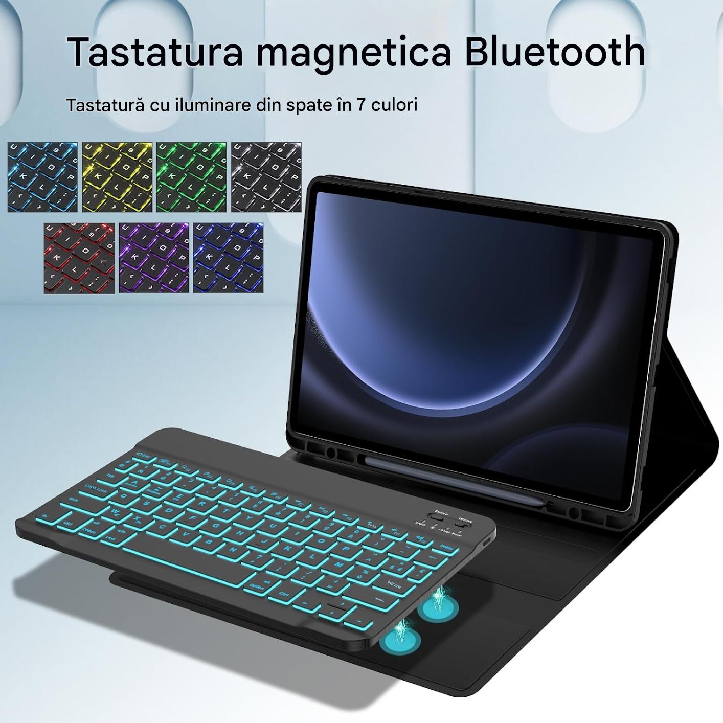 Husa cu tastatura Bluetooth, iluminata spate compatibila cu Samsung Galaxy Tab S10 Plus/S9 FE Plus/S9 Plus