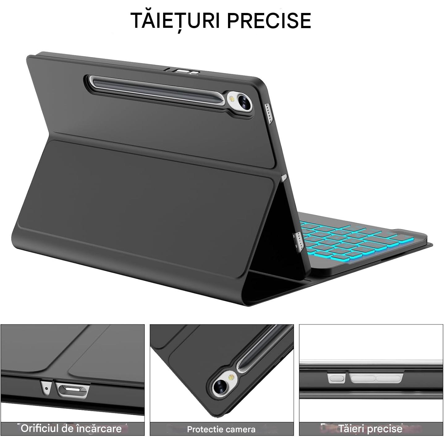 Husa cu tastatura Bluetooth, iluminata spate compatibila cu Samsung Galaxy Tab S10 Plus/S9 FE Plus/S9 Plus