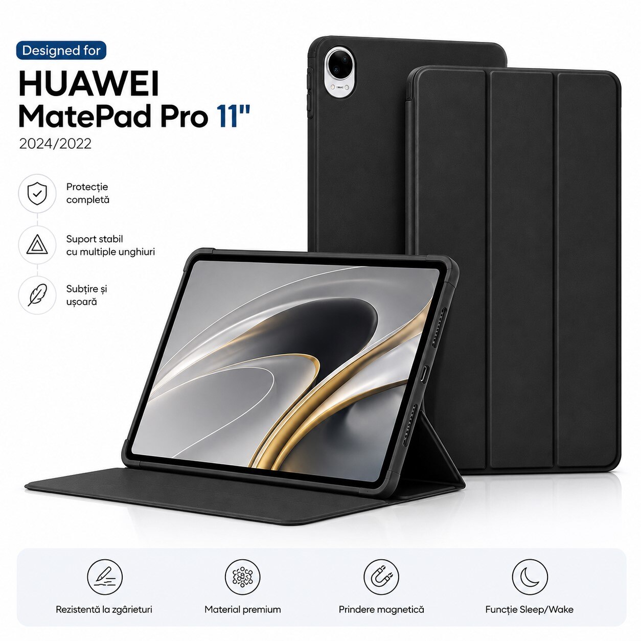 Husa premium office Sigloo, tip mapa, pentru tableta Huawei MatePad Pro11 (2024/2022), carcasa interna din silicon cu suport Smart Pen, Black