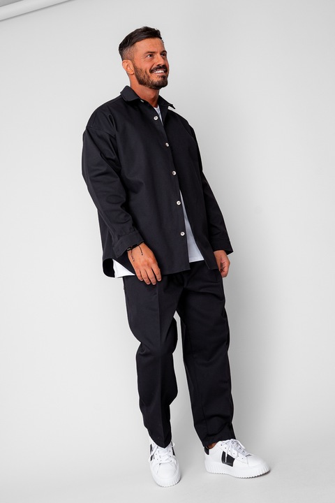 Set Oversized Camasa si pantalon drept din 100% Bumbac - Premium Edition Navy 20261, Negru