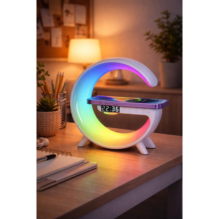 Многофункционална LED настолна лампа с цифров часовник, Bluetooth високоговорител, безжично зареждане и RGB светлина