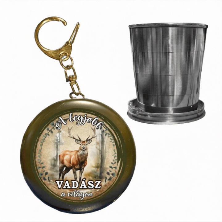 Pahar pliabil din otel inoxidabil, 150 ml, cu capac tip breloc – „Cel mai bun vanator din lume” / „A legjobb vadász a világon”, cerb