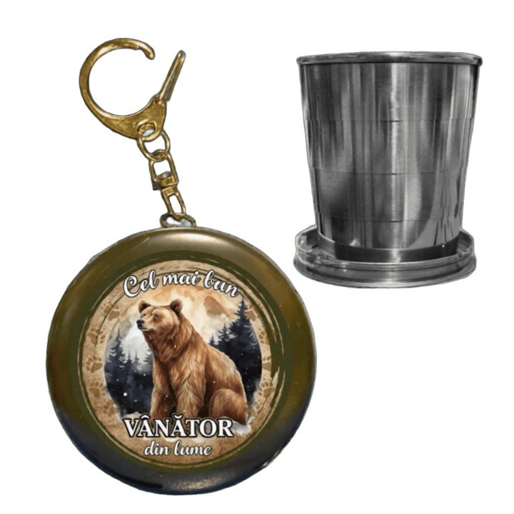 Pahar pliabil din otel inoxidabil, 70 ml, cu capac tip breloc – „Cel mai bun vanator din lume”, urs