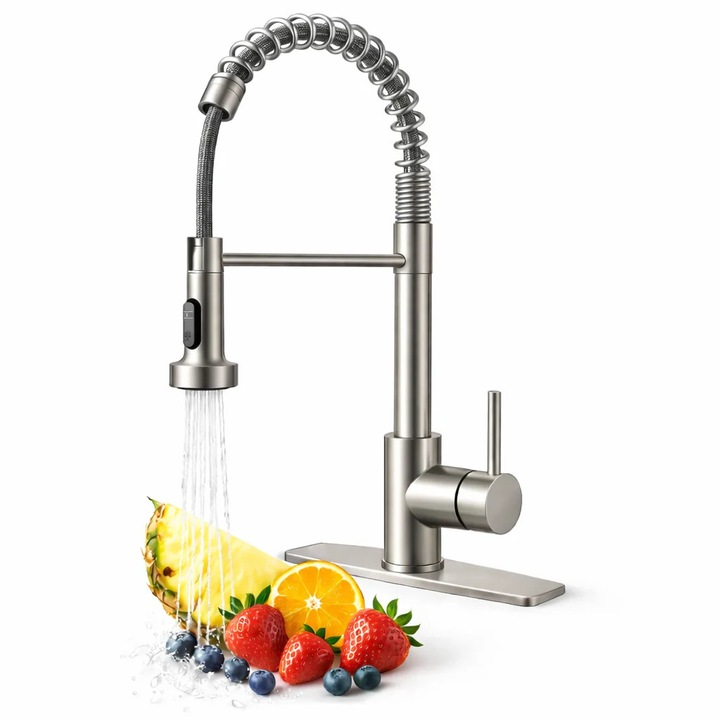 Кухненска батерия Elindor®, Професионален смесител с гъвкав чучур, Душ глава с 2 функции, Регулируема струя, Лесен монтаж, Устойчивост на корозия, Неръждаема стомана, Хром