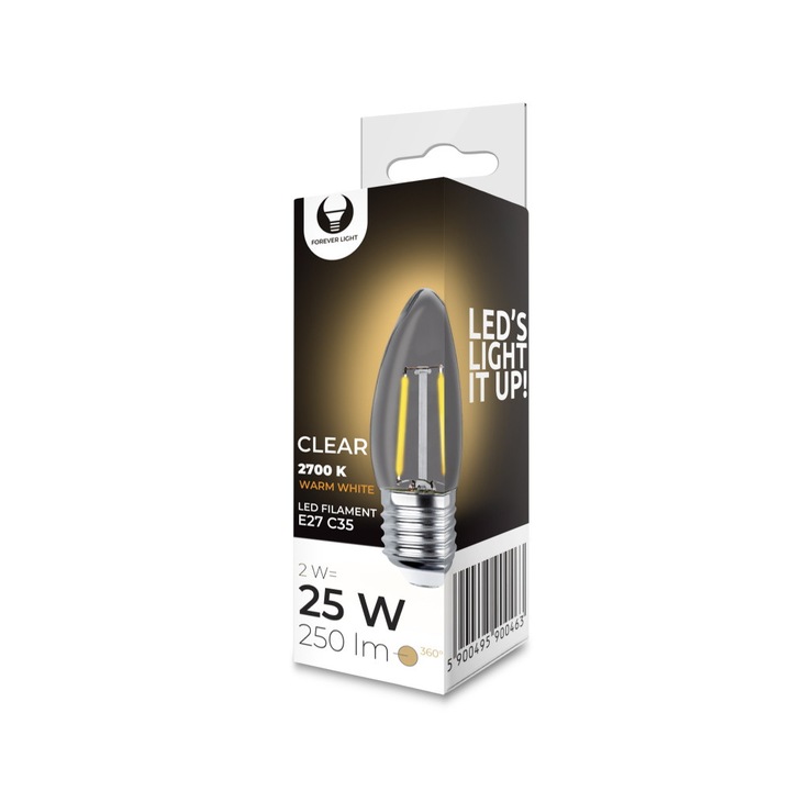 Комплект LED филаментни крушки E27 2W 2700K 250lm, прозрачни