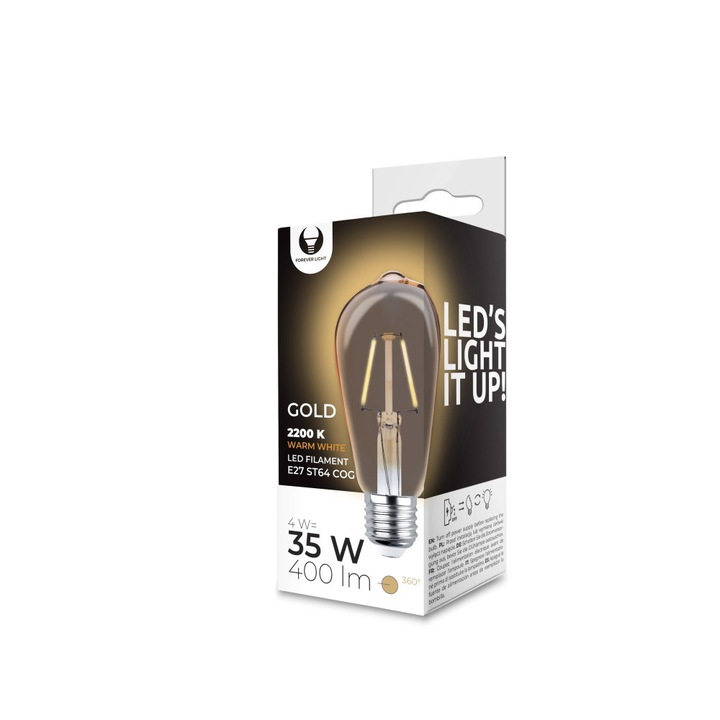 Bec LED Filament E27 ST64 4W 2200K 400lm, transparent, set de 2 bucati