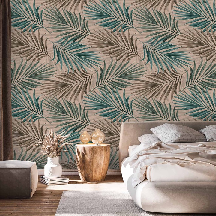 Fotótapéta Artgeist Leaf Chase második változat, prémium flíz tapéta 155 g/m², 600 dpi nyomtatás, UV-álló, bézs/zöld, 50 cm-es tekercs