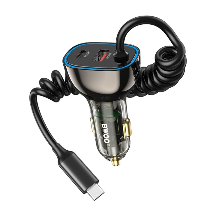 Autós töltő 30W, 2 USB-C porttal és visszahúzható kábellel, szürke