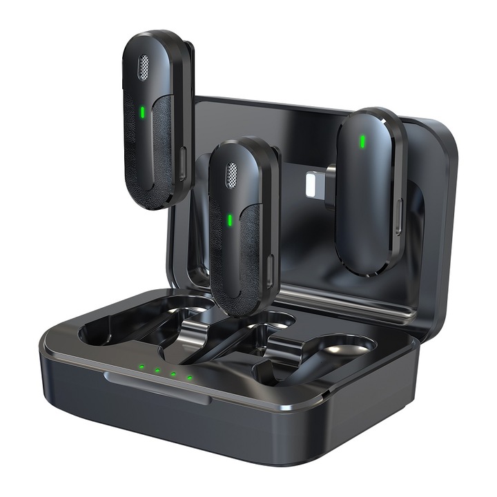 Комплект безжични микрофони със зарядна станция, 2 микрофона, черен, за телефон, Lightning, Devia