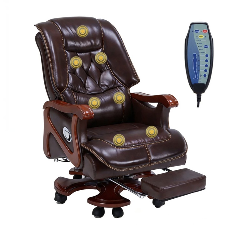 Scaun Directorial, TOPSCAUNE®, Scaun Birou Din Piele Naturala Si Lemn Masiv, Masaj In 7 Puncte Cu Functie De Incalzire, Spatar Cu Inclinare 135°, Suport Picioare Extensibil, Sezut Cu Arcuri Metalice, Control Prin Telecomanda, Design Elegant, Maro