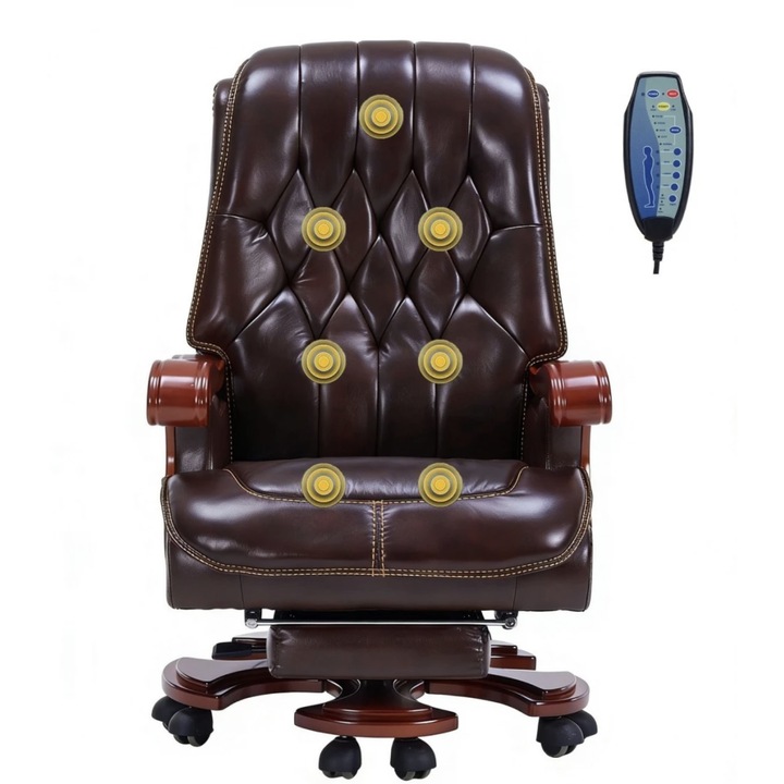 Scaun Directorial, TOPSCAUNE®, Scaun Birou Din Piele Naturala Si Lemn Masiv, Masaj In 7 Puncte Cu Functie De Incalzire, Spatar Cu Inclinare Pana La 160°, Suport Picioare Extensibil, Sezut Cu Arcuri Metalice, Control Prin Telecomanda, Design Elegant, Maro