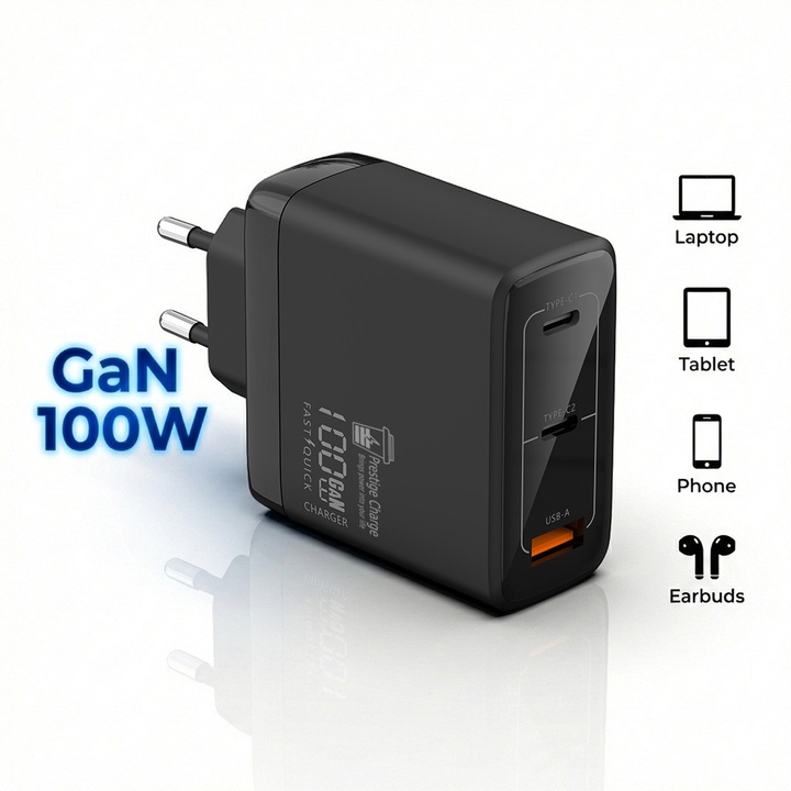 Incarcator Retea Rapid TrioMini 100W GaN, PRESTIGE CHARGE®, 3 Porturi (2x USB-C si 1x USB-A), Super Fast Charge, PD 3.0, QC 3.0, Incarcare Simultana, Putere Mare pentru Laptop, Telefon, Tableta, iPhone, Huawei, Samsung, Xiaomi, Protectii Multiple, Negru