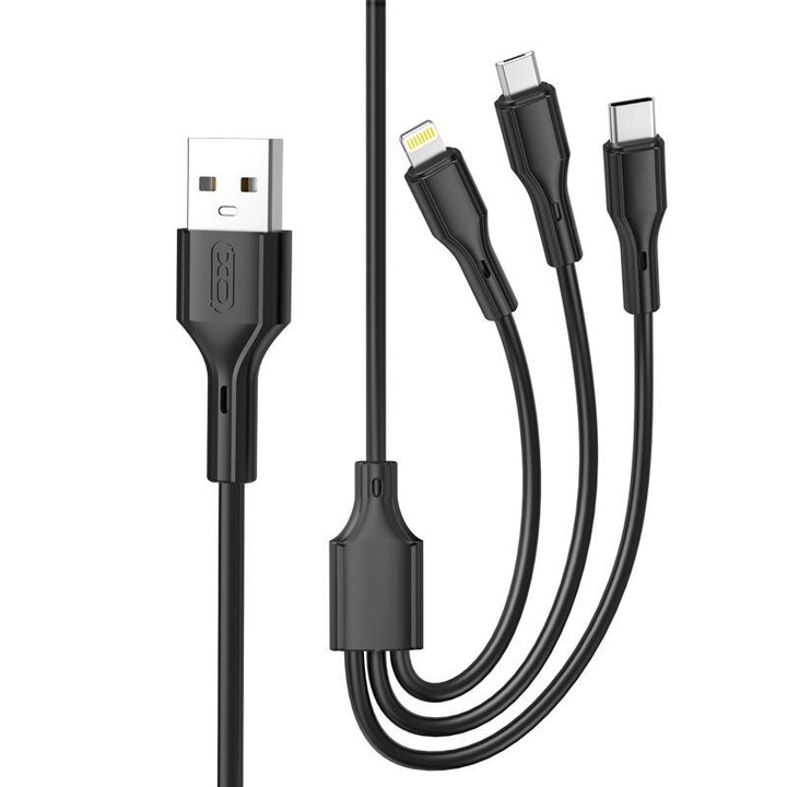 Cablu de date 3in1, 1,0m, USB-A, Micro, Lightning, Type-C, negru, XO