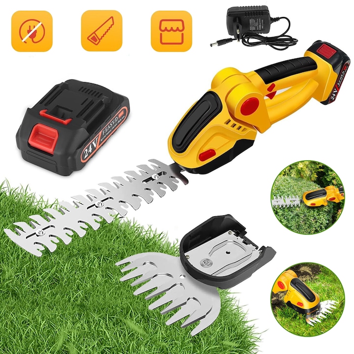Foarfeca De Tuns Gard Viu De 24V, Foarfeca De Tuns Iarba Portabila Electrica Fara Fir 2 In 1, Cu 2 Lame Interschimbabile, 1 Baterie Reincarcabila Si Incarcator, Pentru Gradina Si Tunderea Arbustilor