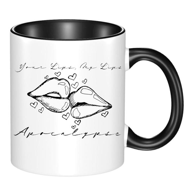 Cana ceramica, 330ml, alb si negru, design inspirat din muzica indie, rezistenta la masina de spalat si cuptor cu microunde