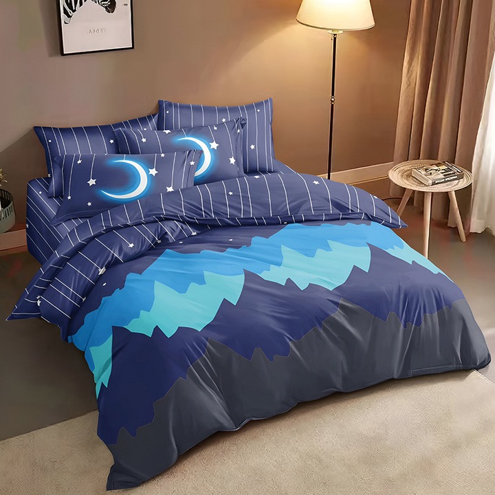 Спално бельо EmonaMall S18459, Два горни плика, 7 части, Син/Тъмносин