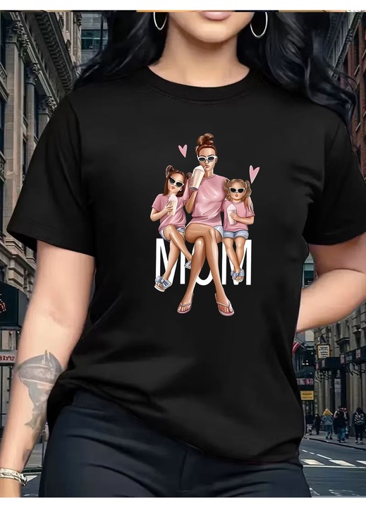 Tricou dama Mama si fetele ei, Mom Love, lejer, confortabil, usor cambrat, Negru