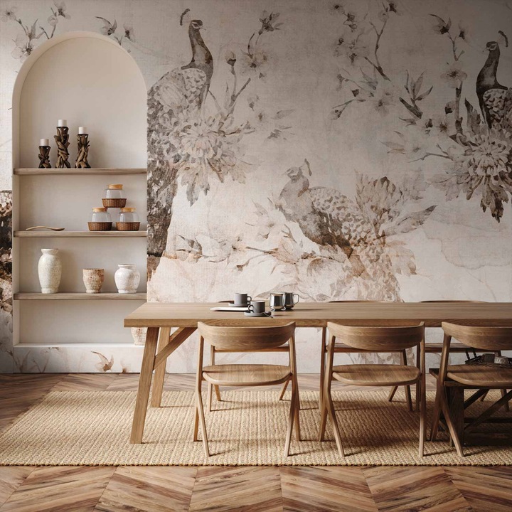 Vízálló fotótapéta - Pávák finom bézs színben - 450 x 315 cm