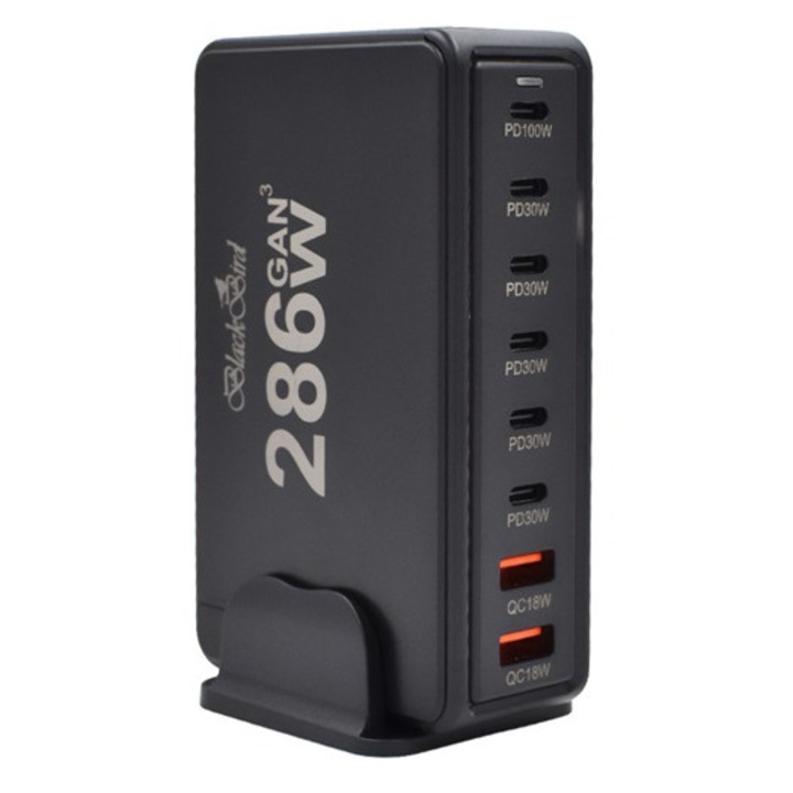 Blackbird bh1670 hálózati töltő 8 type-c aljzat, 286w, gan, pd gyorstöltő, fekete