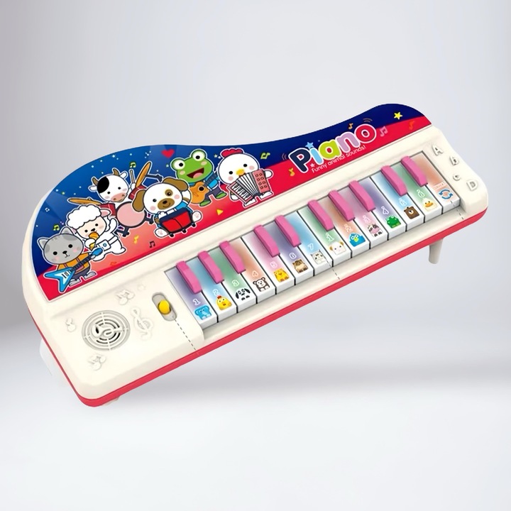 Pian interactiv pentru copii, 13 sunete de animale, roz/alb/albastru, 30x15x3cm