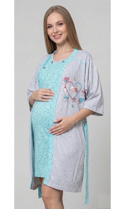 Set Pijama Gravide si Alaptare 2 Piese din Bumbac - Camasa de Noapte si Halat 687 corai 14132, Albastru