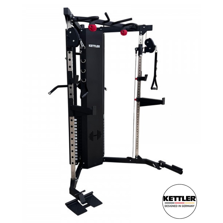 Aparat multifunctional de tractiune Kettler Fitmaster, doua stive greutati independente aprox. 66 kg fiecare, raport scripeti 2:1, ajustare precisa greutate, cablu flexibil, baza triunghiulara economiseste spatiu si permite amplasare in colturile camerei